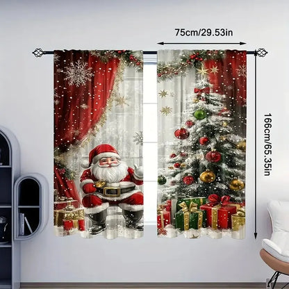 2pcs Christmas Santa Claus & Holiday Pattern Printed Curtains – Pole Bag Home & Room Decoration