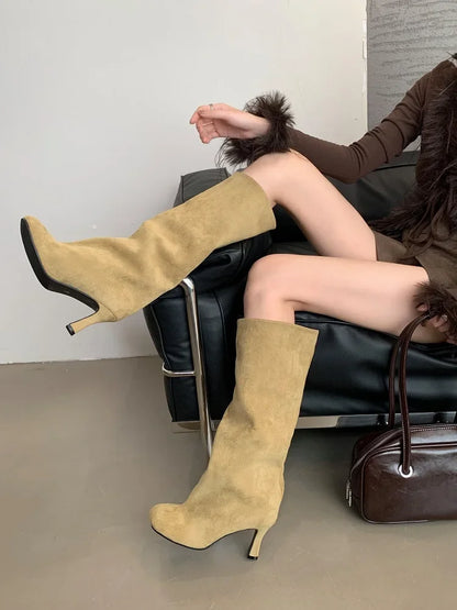 Eilyken Winter Street Style Knee-High Boots – Round Toe, Punk Thin High Heels, Fashionable Women's Long Booties