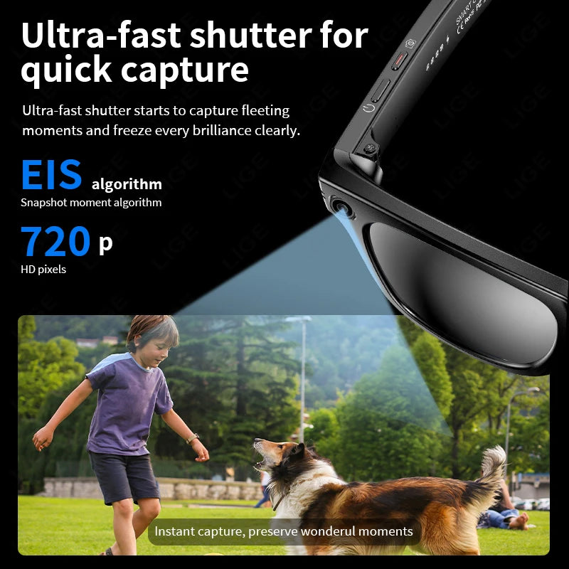 LIGE Smart Camera Glasses – Bluetooth Music Sunglasses with Call, Photo & Video Recording, Anti-Blue Light & UV Protection