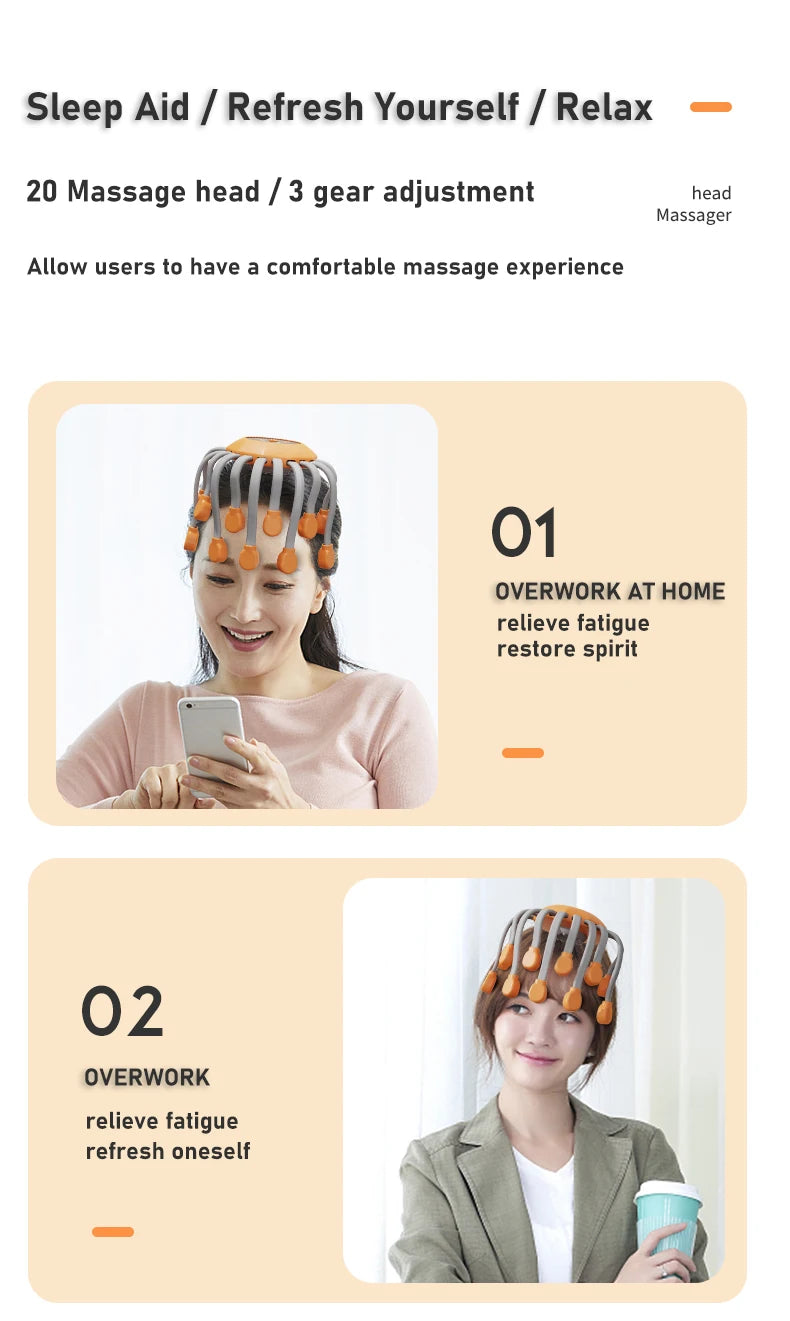 20-Head Orange Scalp Massager – Red Light Vibrating Octopus Scratcher for Relaxation, Stress Relief & Migraine Relief
