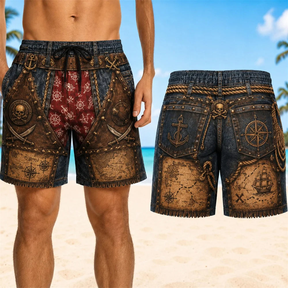 Retro 3D Cowboy Beach Shorts - Men's Quick-Dry Breathable Drawstring Board Shorts