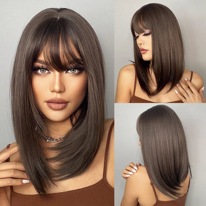 Ombre Honey Brown Long Synthetic Wig with Bangs — Wavy, Realistic, Soft, Heat-Resistant Hair for Daily & Party