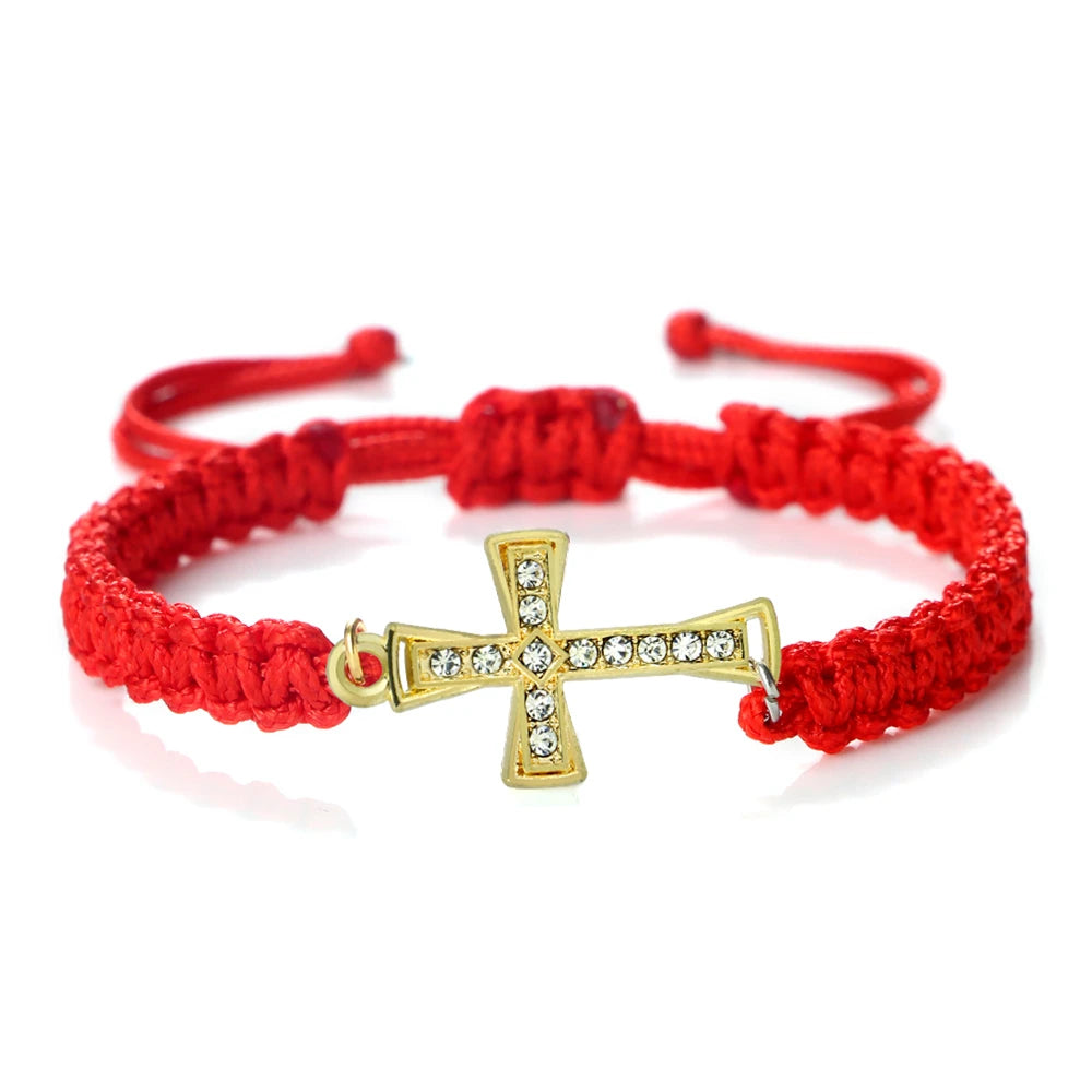 Crystal Cross Pendant Bracelet - Red & Black Braided Prayer Rope Jewelry Gift for Men & Women