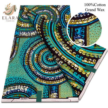 Grand Super African Wax Fabric - 100% Cotton Nigerian Glitter Glam Gold Ankara Print for Sewing