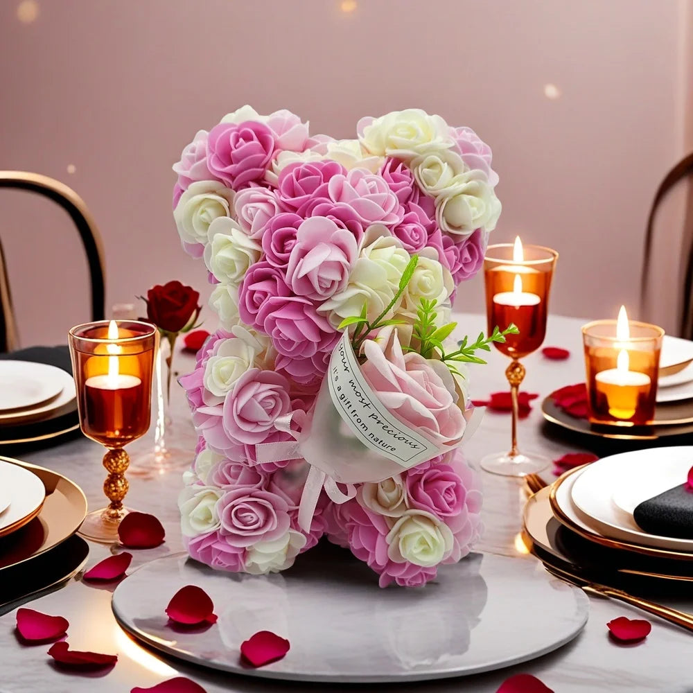 Artificial Rose Bear with Hand Corsage – Romantic Gift for Valentine’s Day, Birthdays, Weddings & Mother’s Day