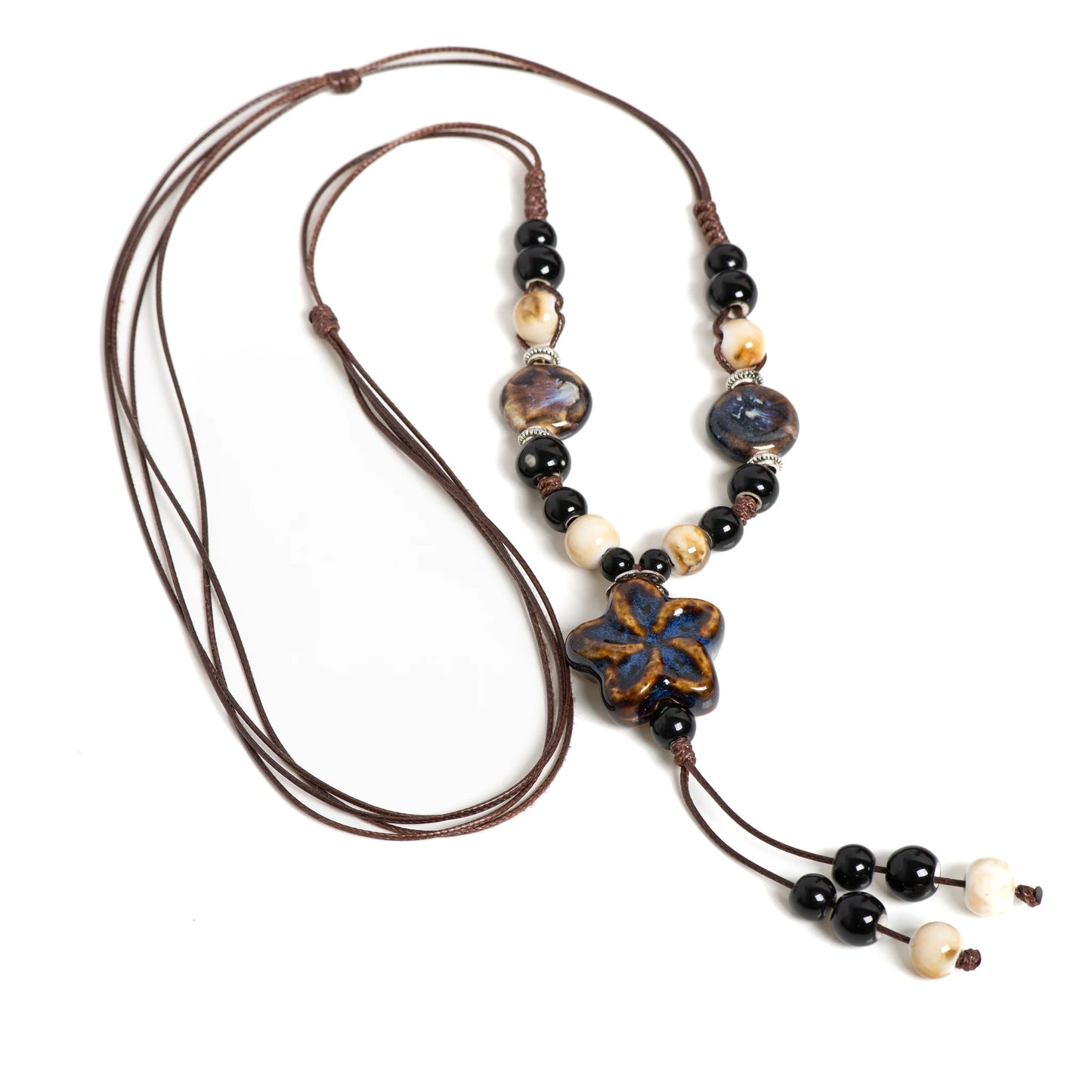 Handmade Ceramic Star Pendant Necklace - Adjustable Long Boho Blue Gem Jewelry for Women