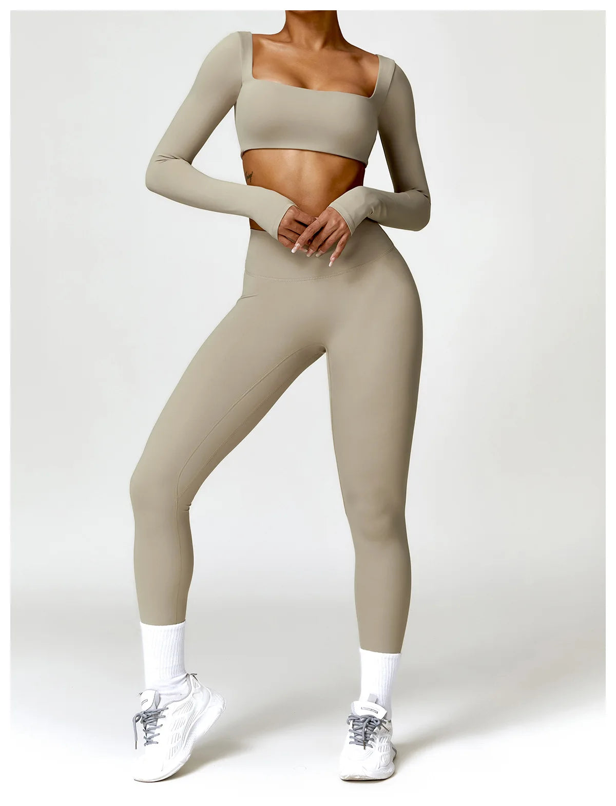 Hearuisavy 2PCS Long Sleeve Gym Set for Women, Quick-Drying Yoga Clothes, Sportswear, Running Leggings, Workout Sports Crop Top