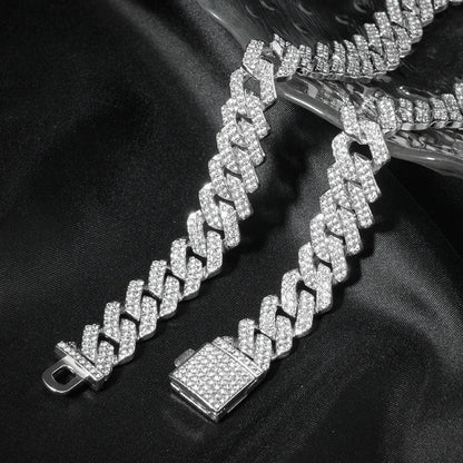 3pcs Men’s Cuban Chain Watch & Jewelry Set – Hip Hop Miami Curb Iced Out Rhinestone Necklace, Suit Watch & Bracelet