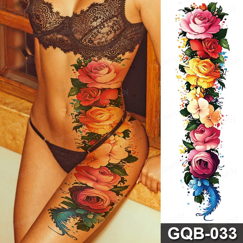 Full Arm Dragon Skull Tattoo Sleeve - Waterproof Temporary Body Art Sticker with Clock Compass Flower Design for Men & Women
