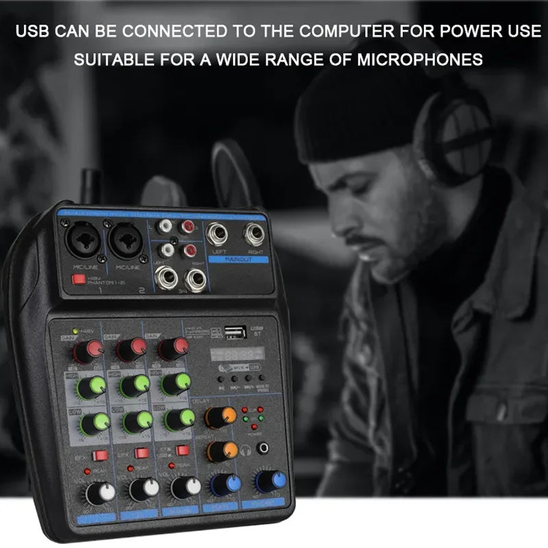 4-Channel DJ Mixer Console with Bluetooth – USB Audio Mixer, 48V Phantom Power, Karaoke Monitor System