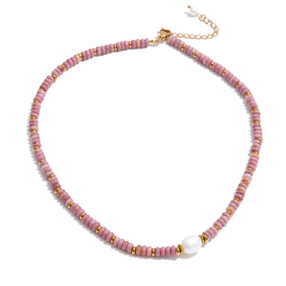 Yhpup Colorful Natural Stone Bead Necklace – Handmade Y2K Stainless Steel Waterproof Chain Jewelry for Women