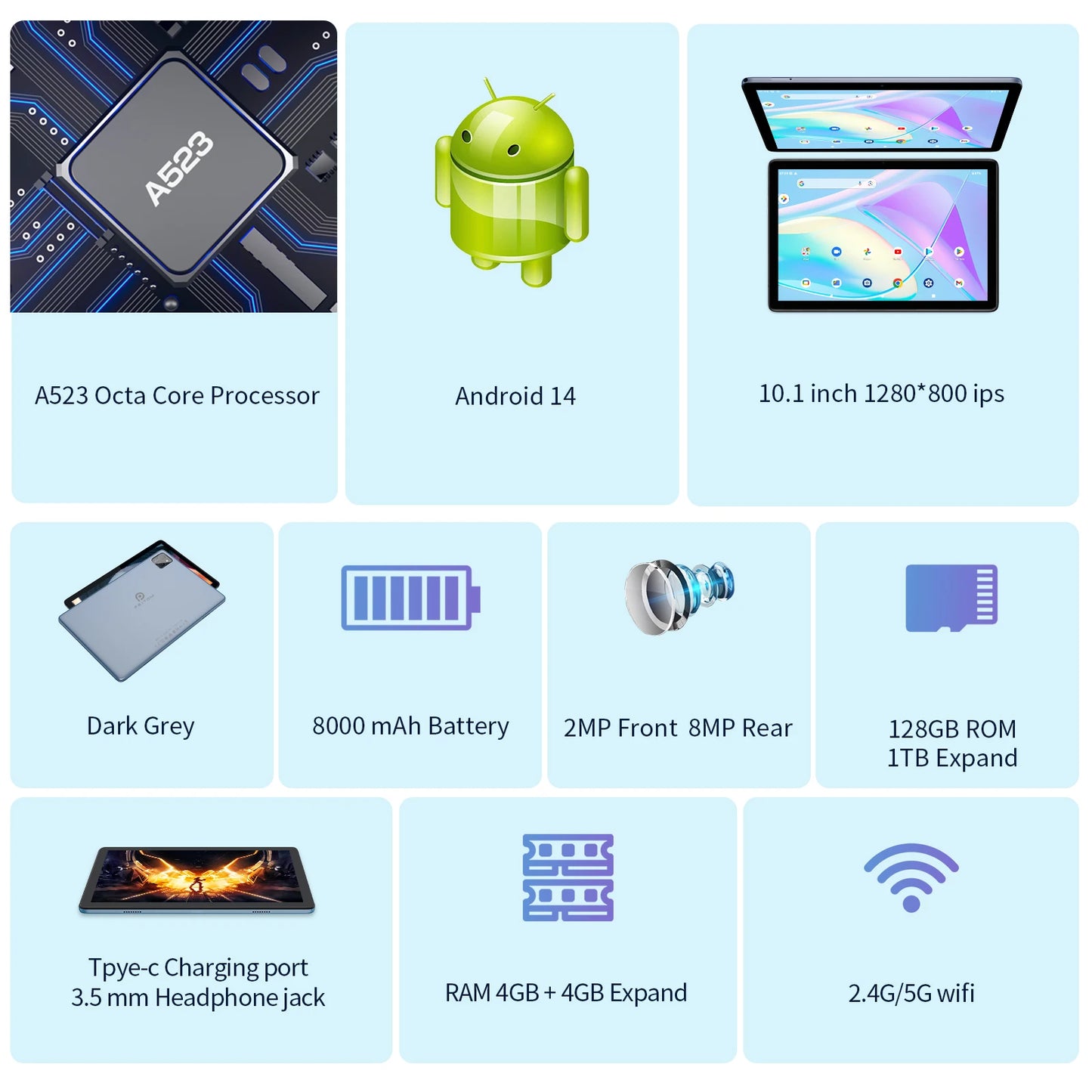 PRITOM TAB11 10-Inch Android 14 Tablet – 8GB RAM + 128GB ROM, Octa-Core, 5G WiFi with Keyboard, Mouse & Case