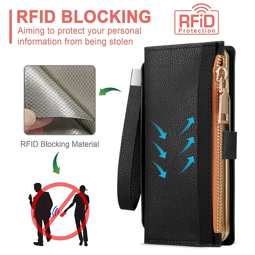Leather Card Wallet Case with S Pen Slot for Samsung Galaxy Z Fold 6/5/4/3/2 — Multifunctional Zipper Protection Cover
