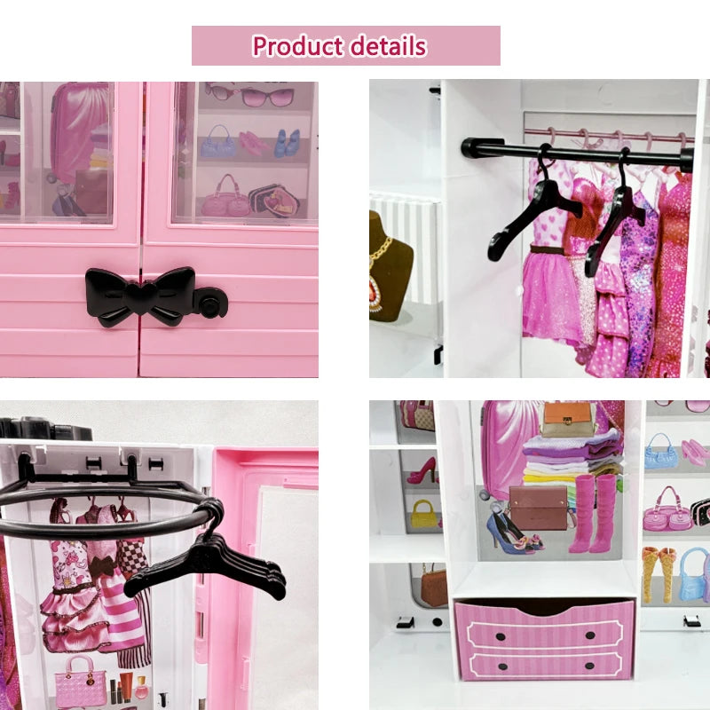 Pink Doll Wardrobe Playset with 10 Hangers – Fold-Out Portable Closet Fashion Toy Gift
