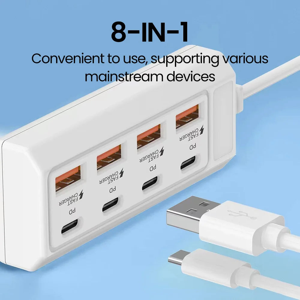8-in-1 USB Power Outlet Adapter - 25W Fast Charging Docking Station with USB Splitter & Extension Socket