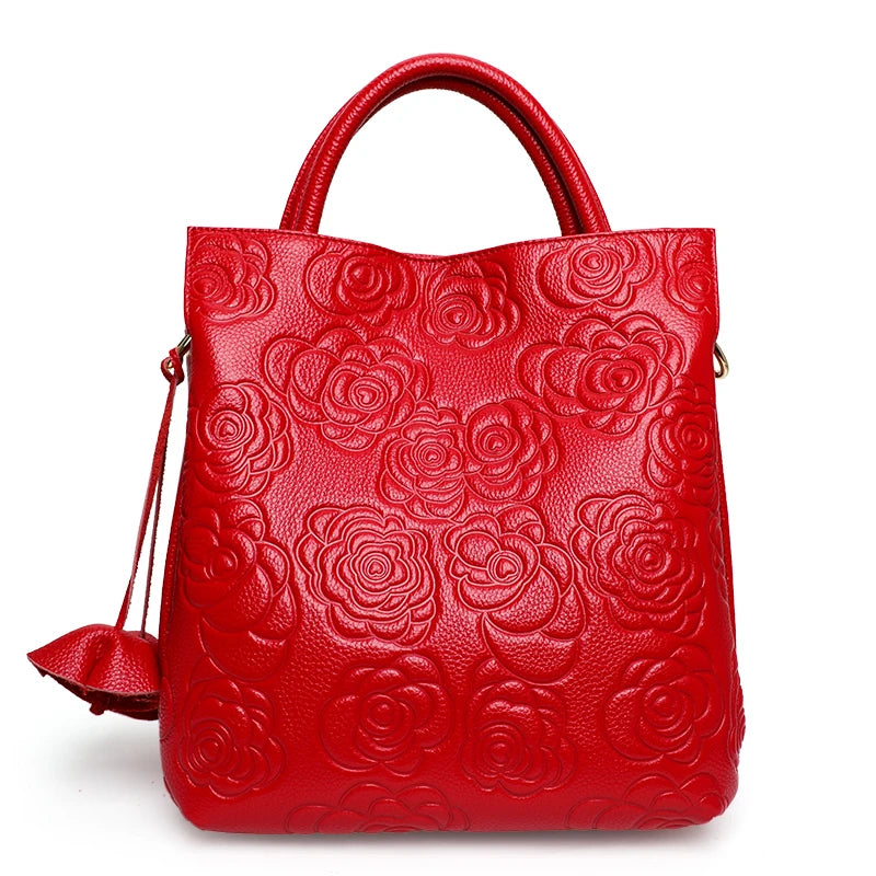 Classic Embossed Women’s Leather Bag — Large Capacity Top Cowhide Crossbody Purse