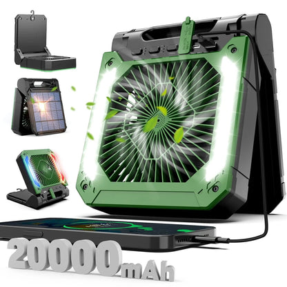 20000mAh Portable Electric Fan with LED Light — USB, Solar & Car Charging for Camping