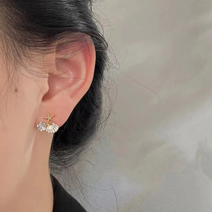Ocean Style Asymmetric Earrings - Starfish Shell Pearl Zircon Stud Jewelry Gift for Women
