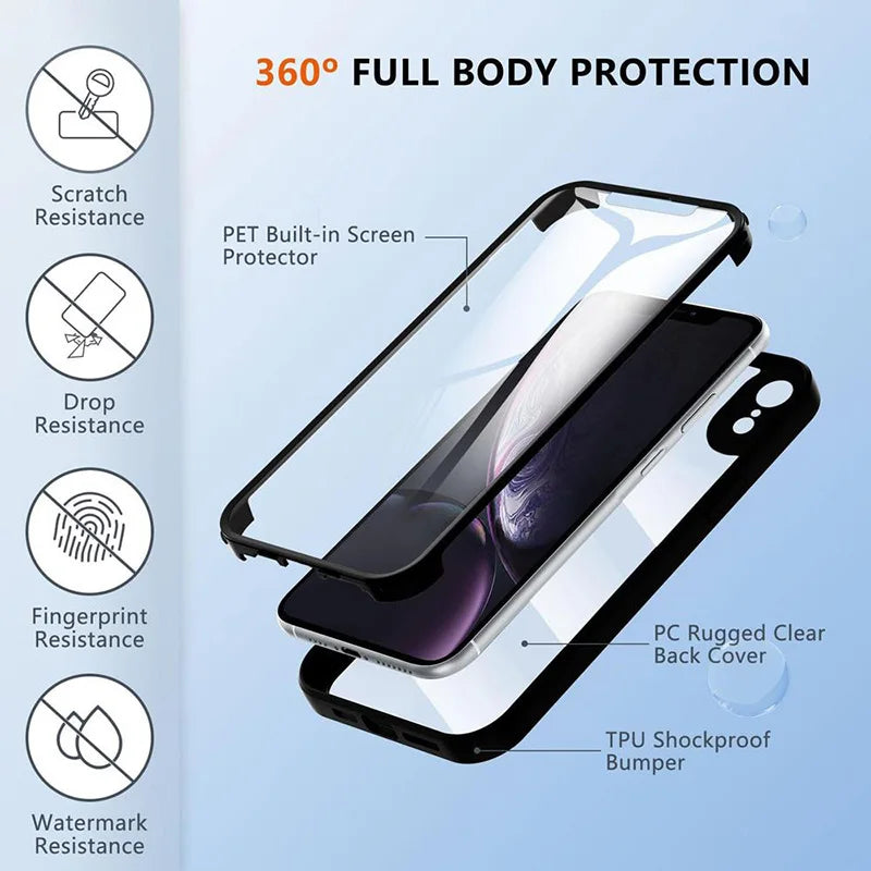 360 Degree Case for iPhone 11 to 15 Pro Max – Clear Full Body Rugged Cover with Built-in Screen Protector