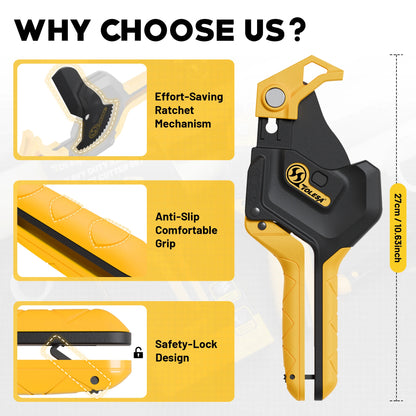 TOLESA 3-Gear Adjustable PVC Pipe Cutter - Ratchet Tool for PVC, PPR, PE & PEX up to 2-1/2"