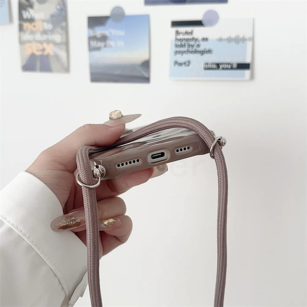 Glossy Wave Ripple Crossbody Lanyard Phone Case for iPhone 17/16/15 Pro Max Air 14 13 12 11 XR X 8 7 - Soft Silicone Protective Cover with Strap