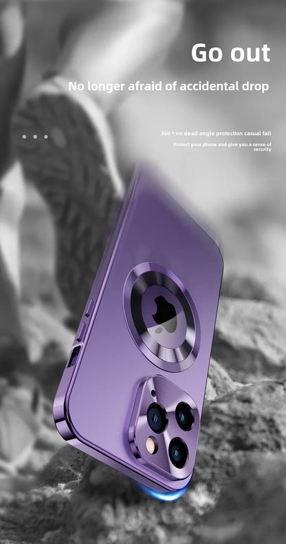 Magnetic Absorption Phone Case for iPhone 16/15/14/13 Pro Max – Aluminum Alloy & Glass Full-Body, Anti-Fall Protection