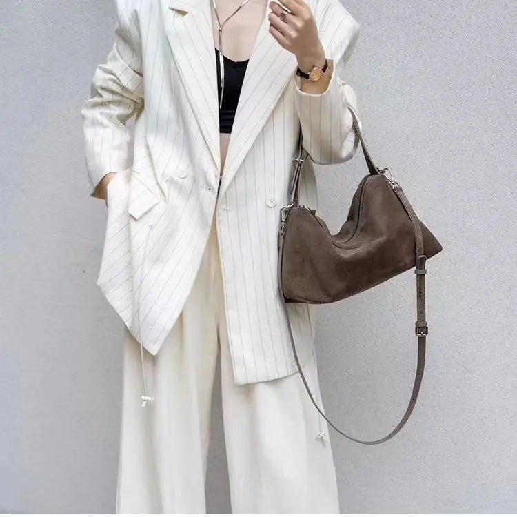 Simple Autumn Winter Grey & Brown Boston Tote — Soft Matte Suede Cow Leather Women's Shoulder Handbag
