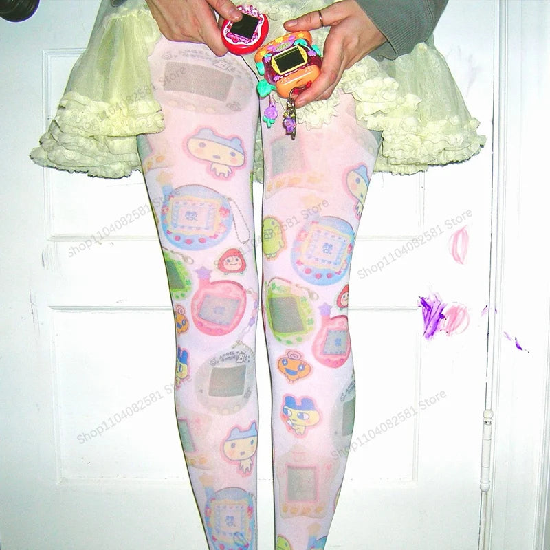Y2K Cartoon Print Long Socks - Kawaii Harajuku Grunge Emo Socks for Women