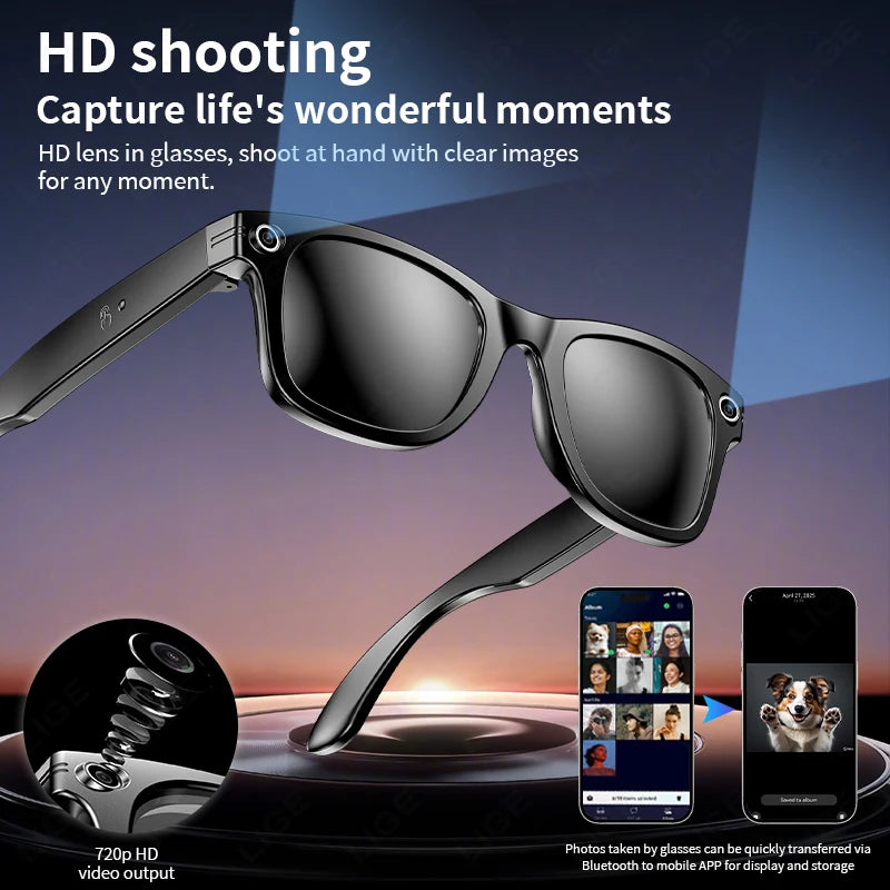 LIGE Smart Camera Glasses – Bluetooth Music Sunglasses with Call, Photo & Video Recording, Anti-Blue Light & UV Protection