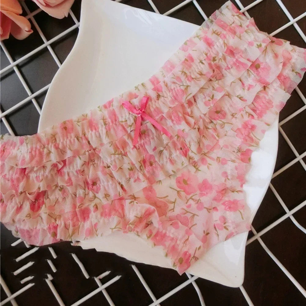 Sweet Women’s Lace Panties — Polka Dot & Flower Mesh Low Waist Briefs, Breathable Cozy Underwear