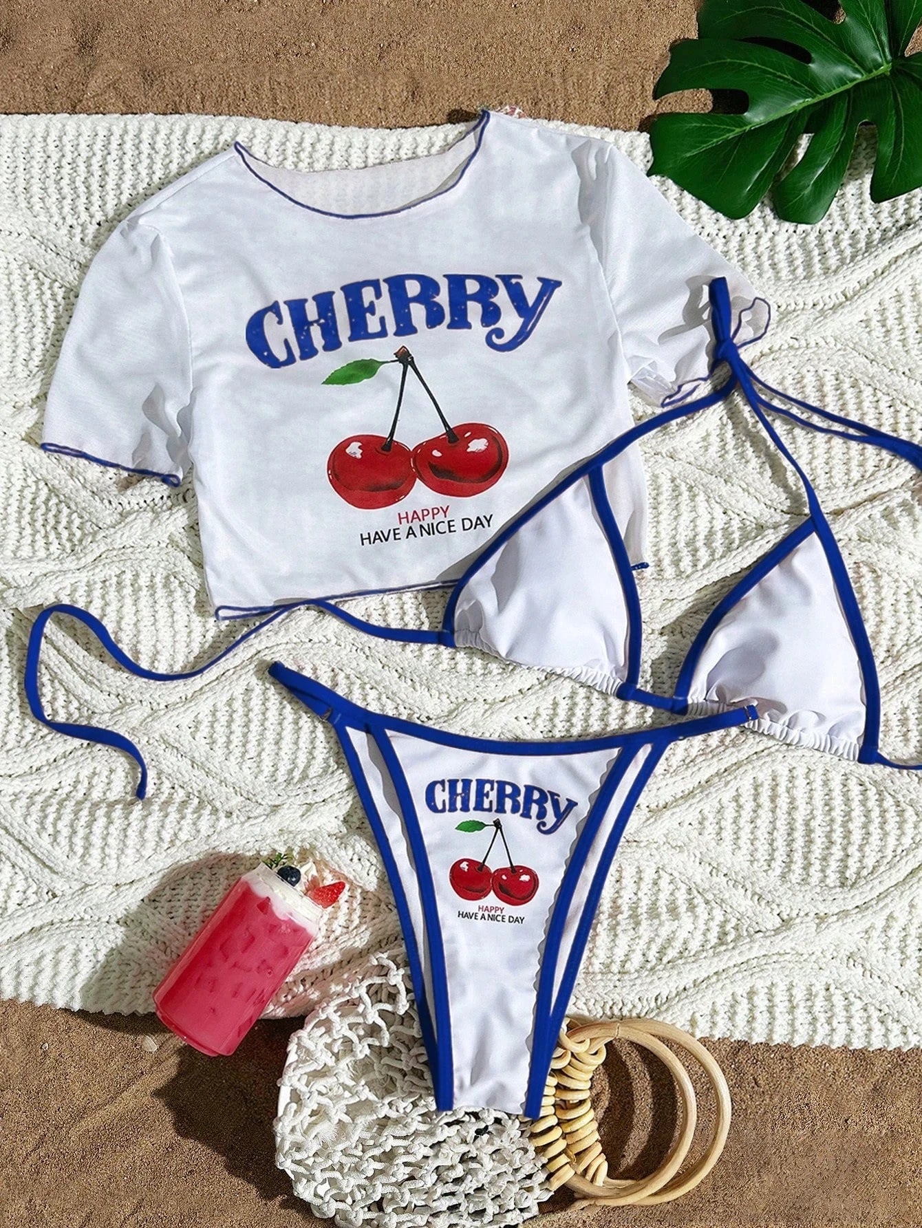 2026 Women’s Printed Mesh Bikini Set – Sexy 3-Piece Split Swimsuit Top Beachwear Swimwear