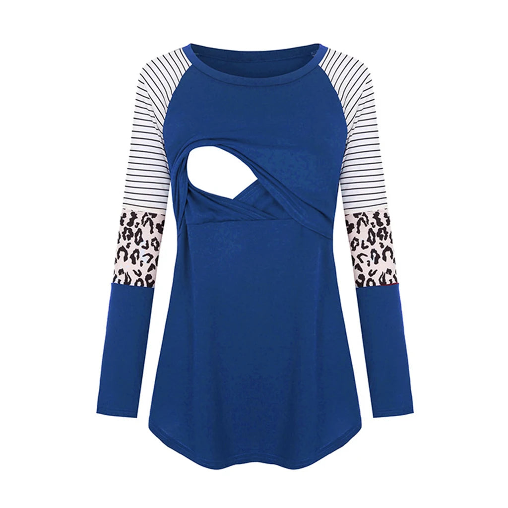 Women’s Maternity Nursing Top – Long Sleeve Patchwork Color Blouse for Breastfeeding