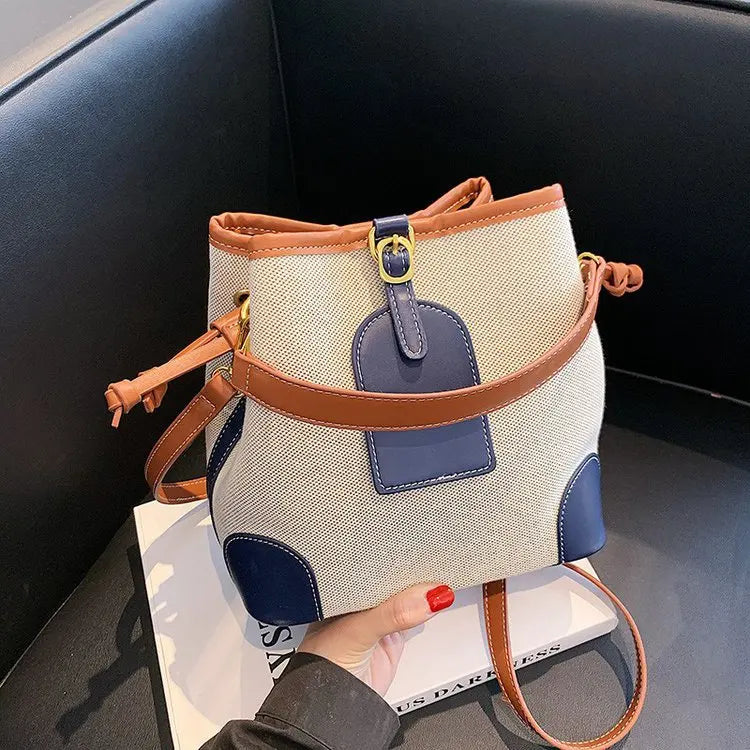 2022 New Korean Style Fashionable Portable Bucket Bag – Trendy Canvas Contrast Texture Messenger Bag
