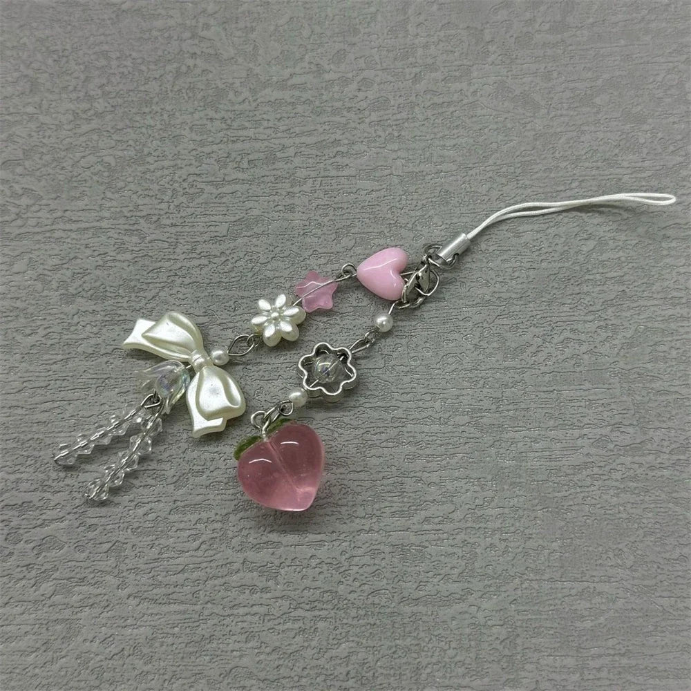 Pink Peach Phone Charm - Cute Bowknot Beaded Handmade Pendant Keychain for iPhone Camera Chain & Sweet Accessories