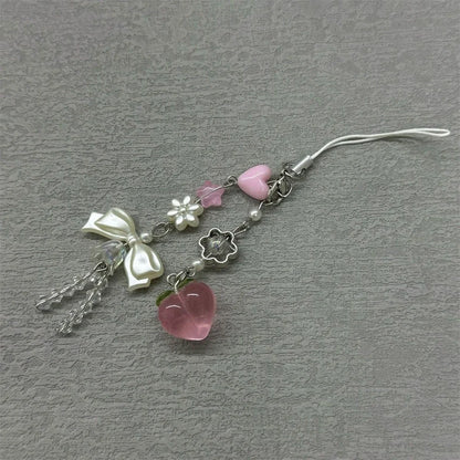 Pink Peach Phone Charm - Cute Bowknot Beaded Handmade Pendant Keychain for iPhone Camera Chain & Sweet Accessories