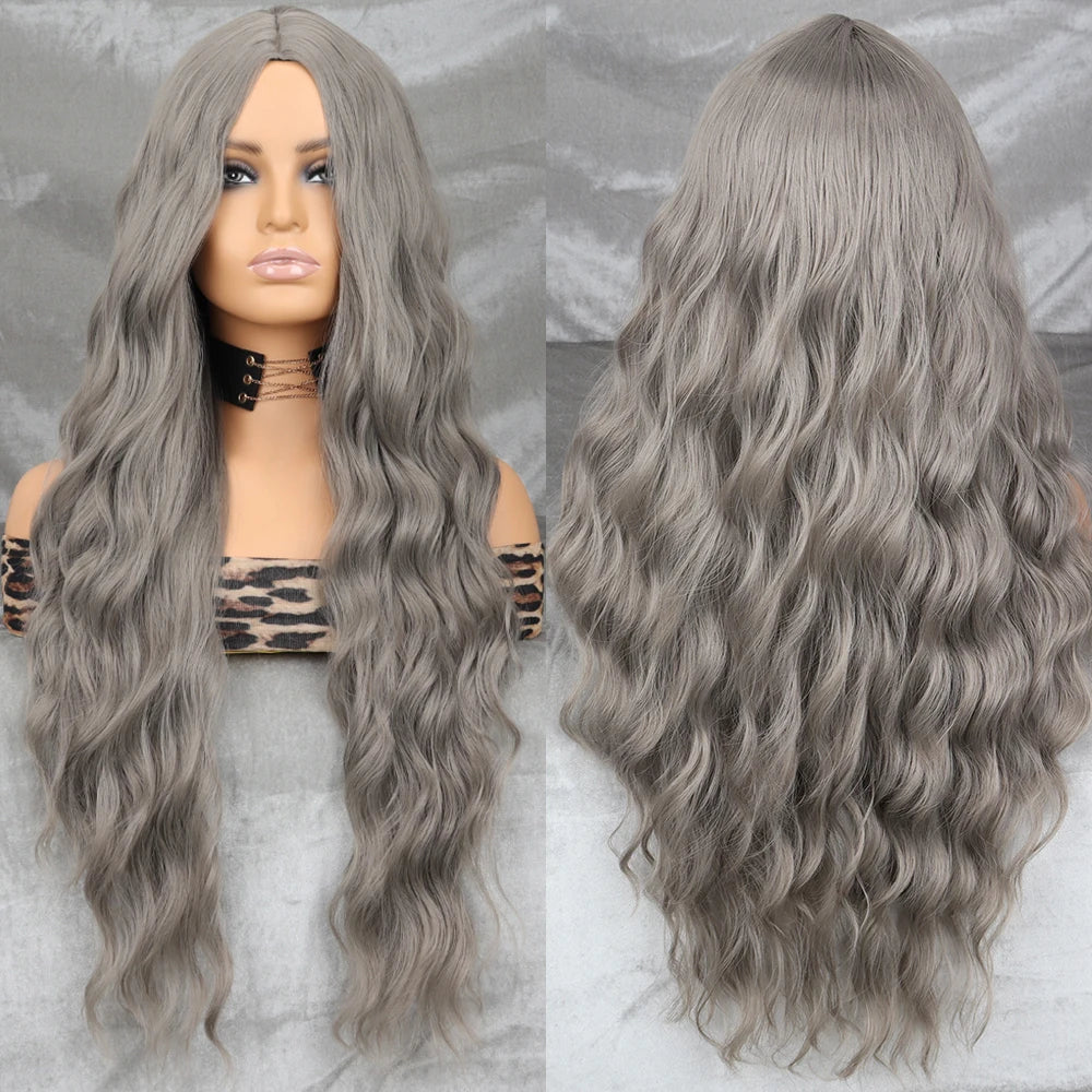 Long Wavy Green Synthetic Wig – Heat-Resistant Women's Cosplay, Party, Lolita Style, Half Part, Red/Black/Pink