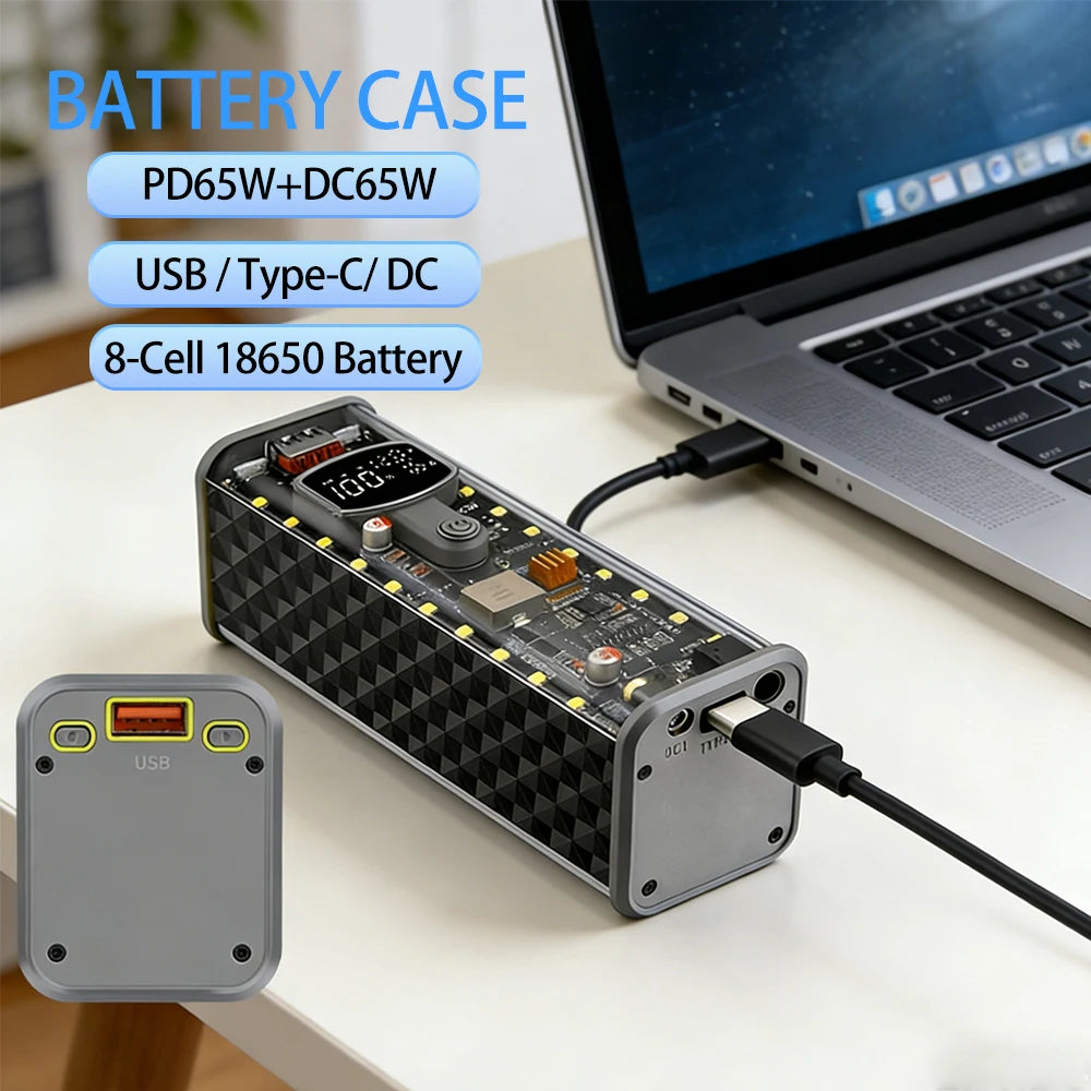 8-Cell 18650 Power Bank Battery Box - PD65W USB Type-C Fast Charging DIY Storage Case with Digital Display