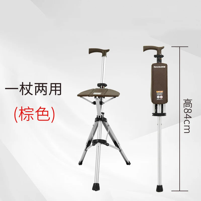 Multi-Functional Non-Slip Walking Stick with Seat – One-Key Foldable Crutch Chair, Triangular Bracing Elderly Hiking Pole Walker