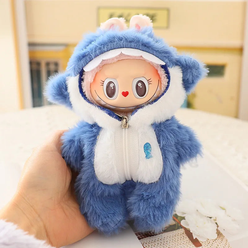 17cm Labubu Mini Plush Doll Outfit – Cute Blue Shark & Snowman Jumpsuit Accessories for V1/V2 Dolls, Gift for Kids