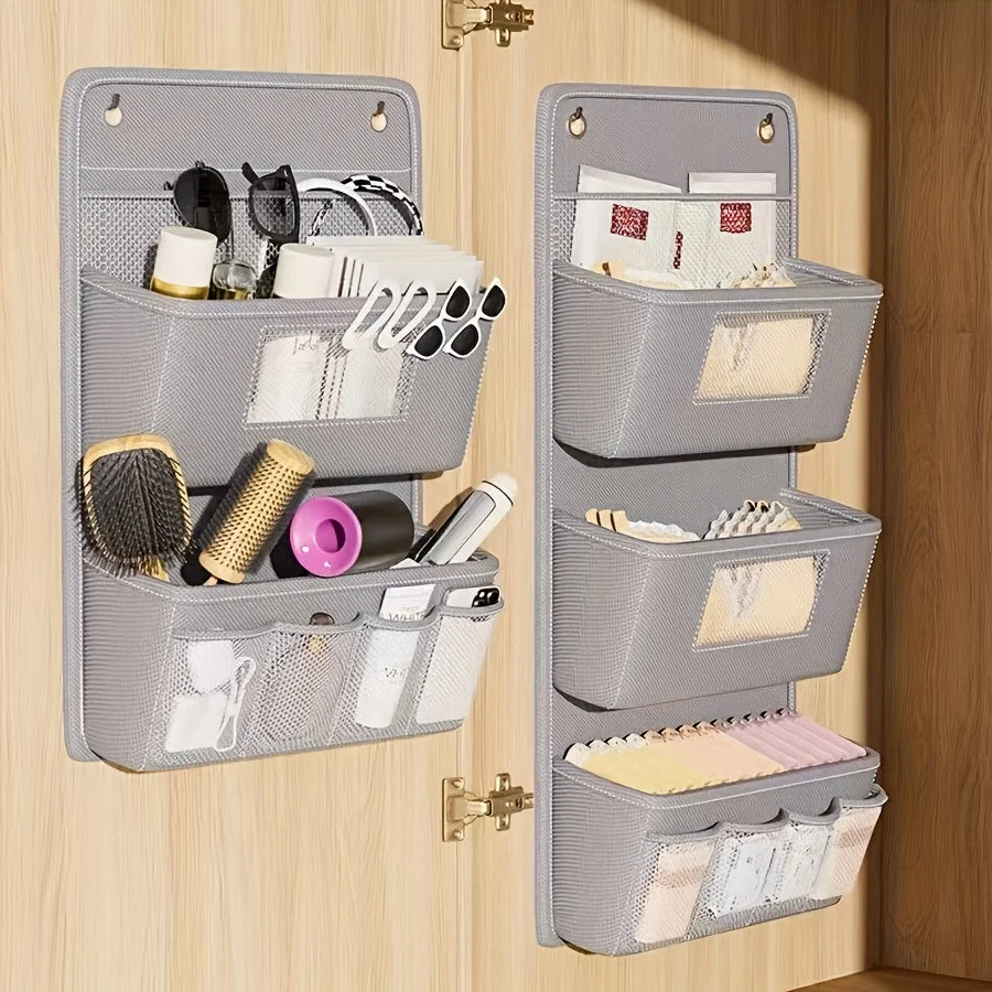 Gray Wall-Mounted Storage Organizer – Multi-Compartment Fabric Hanging Bag with Window & Hooks for Office or Closet
