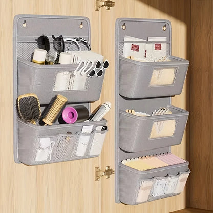 Gray Wall-Mounted Storage Organizer – Multi-Compartment Fabric Hanging Bag with Window & Hooks for Office or Closet