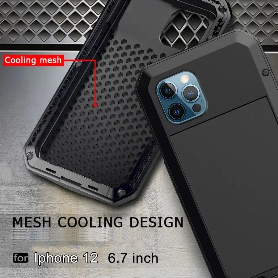 Heavy Duty Tank Metal Case – Shockproof Armor Cover with Gorilla Glass for iPhone 17, 16e, 16, 15, 14, 13, 12, 11 Pro Max, XR, X, 8 Plus