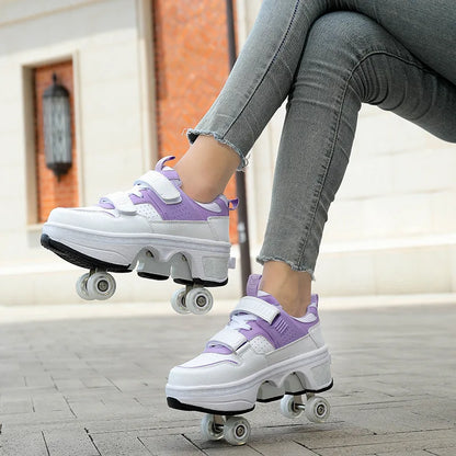 Dual Purpose Roller Skates Shoes - Adjustable Double Row 4-Wheel Deformation Roller Sneakers for Kids & Teens Size 33-44
