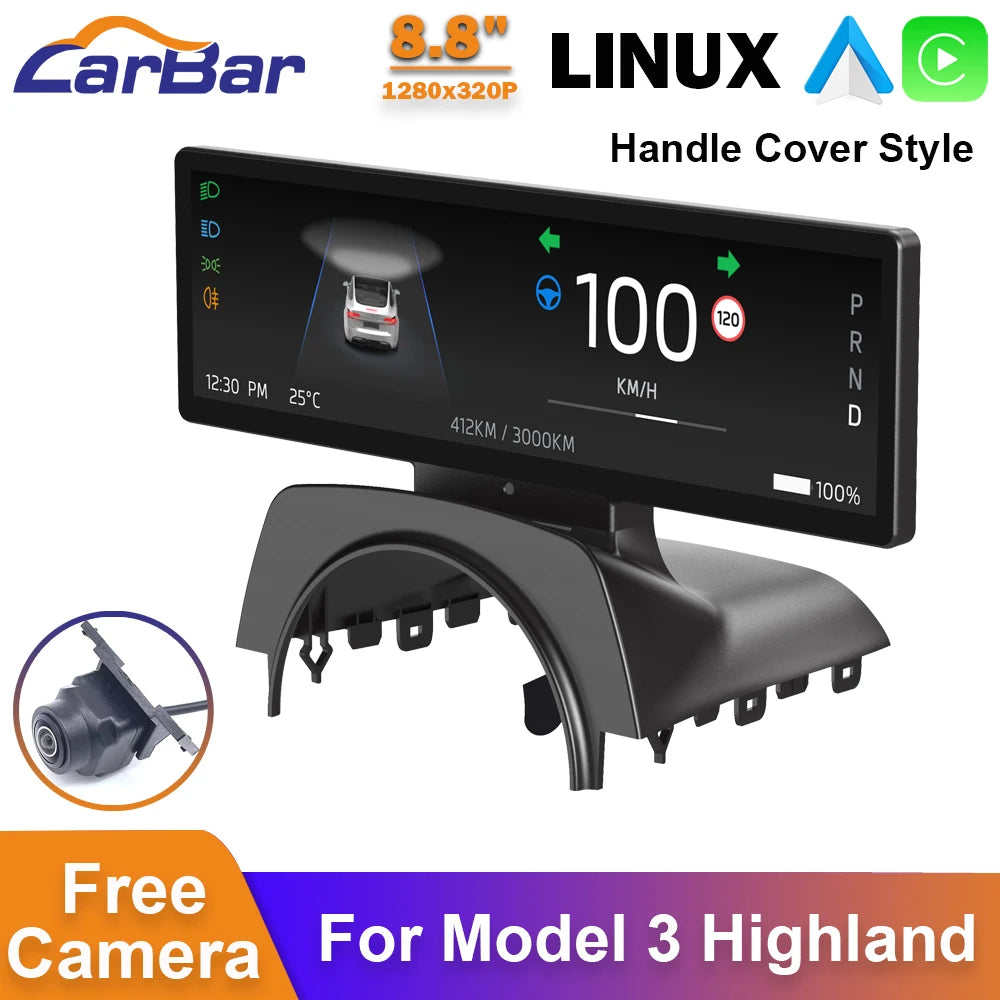 Carbar 8.8" Smart Dashboard Touch Screen – Wireless CarPlay & Android Auto for Tesla Model 3 & Y, Free Air Vent Camera