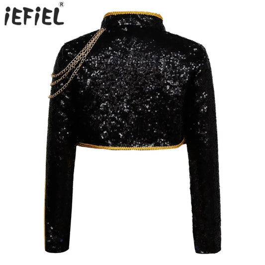 Kids Girls Singer Cosplay Jacket - Long Sleeve Sequin Stand Collar Costume Outerwear with Braided Trim & Chain Details