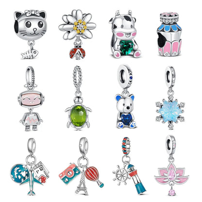 925 Sterling Silver Robot & Sea Turtle Charms Pendant — Moon Bead Bracelet Accessory, DIY Fashion Jewelry Gift for Women