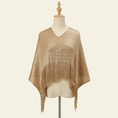 Evening Lace Sheer Shawl Scarf – Hollow Tassel Glitter Gold & Silver Thread Thin Long Sunscreen Wrap for Women Party Dresses