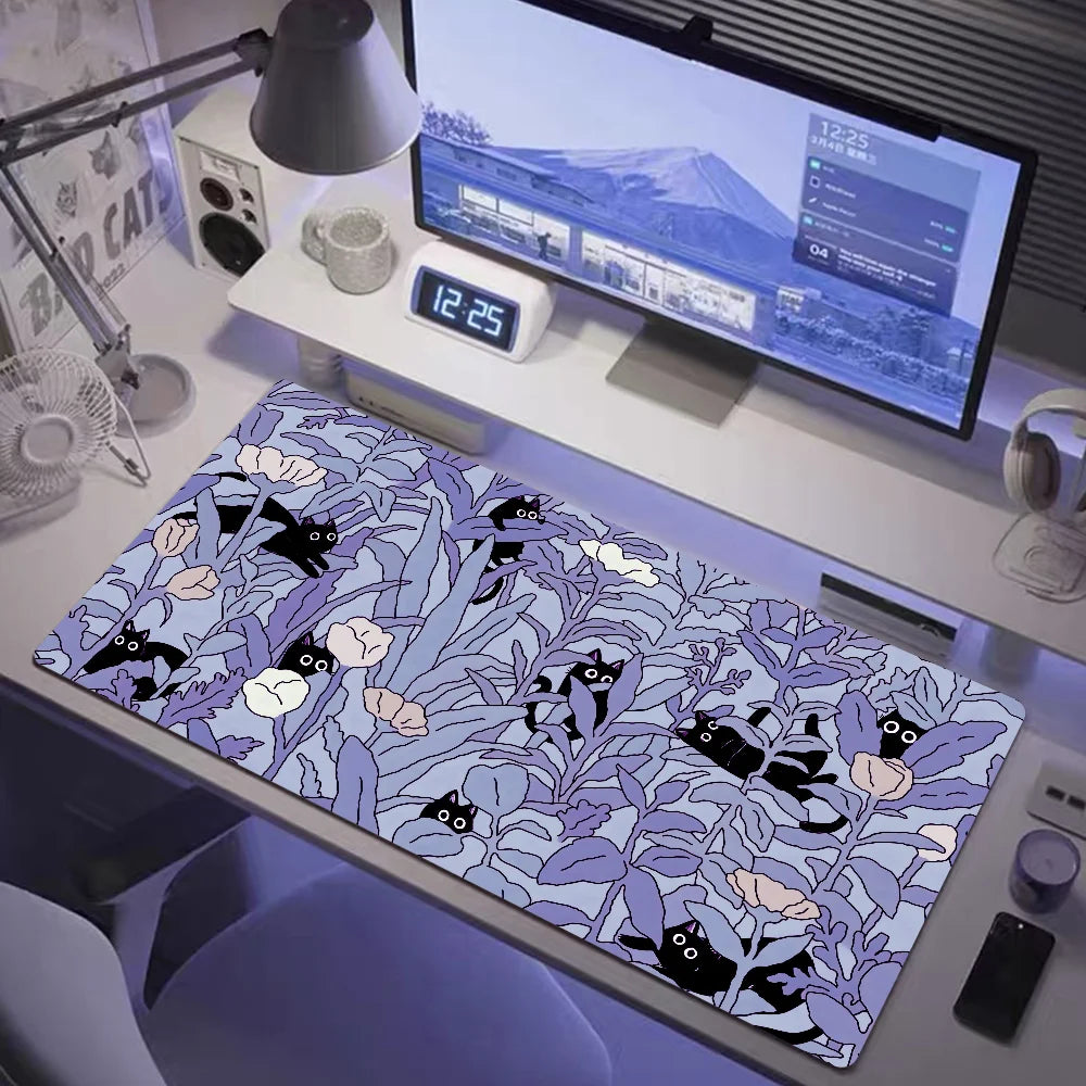 Kawaii Black Cat XXL Mouse Pad — Green Plants Anime Desk Mat for PC Gaming & Keyboard Accessories