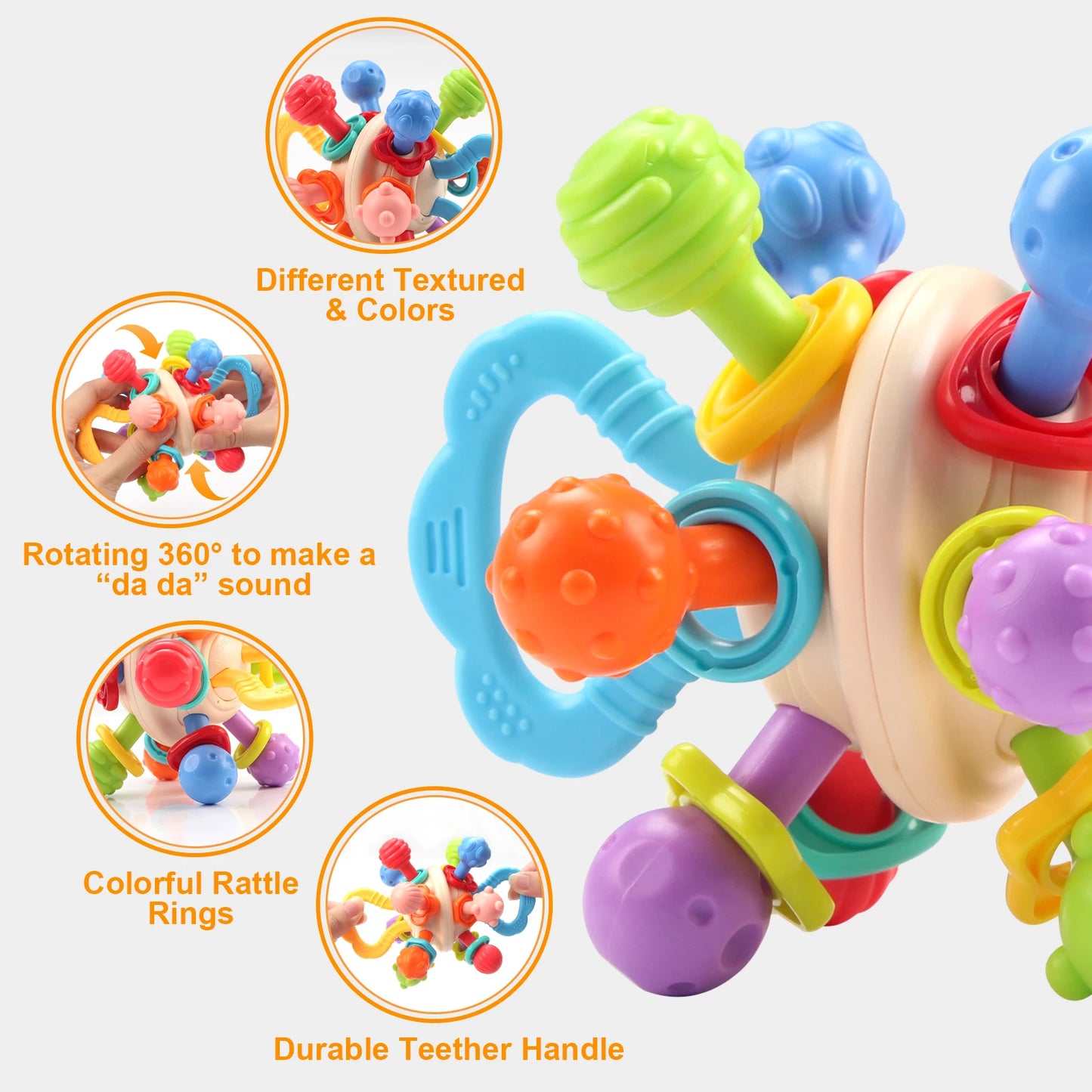 Soft Silicone Baby Rattle Ball Teether - Manhattan Round Hand Grab Toy for Infants 0M+ Teething Gift