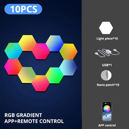 RGB Hexagonal Smart Wall Lamp – Color Changing DIY Modular Night Light with Music Sync & App Control for Bedroom & Game Room